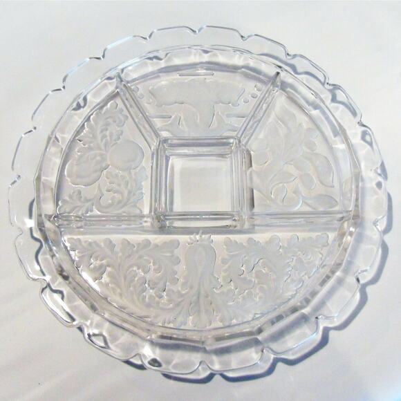 Indiana Glass Divided Plate Serving Platter Coi Fish Fleur de Lis 5Way Clear Vtg - Picture 7 of 8